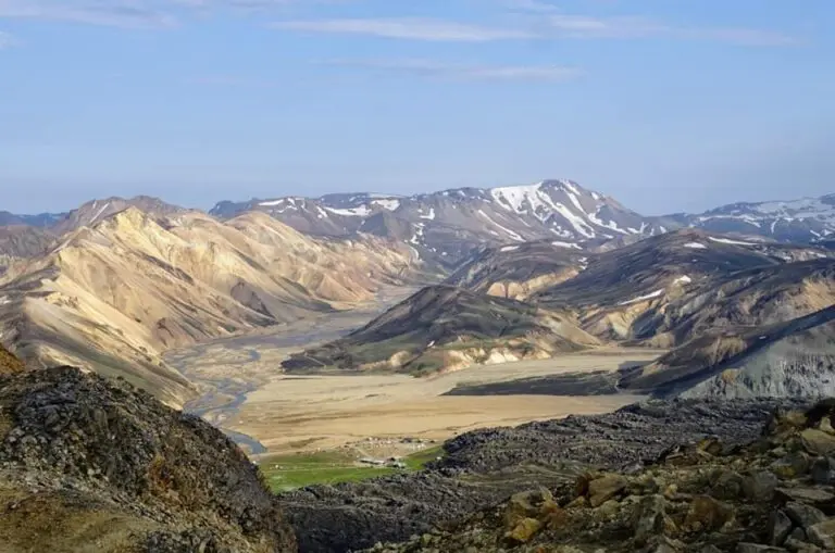 panoramic view of Icelandic highlands with colorful mountains and river